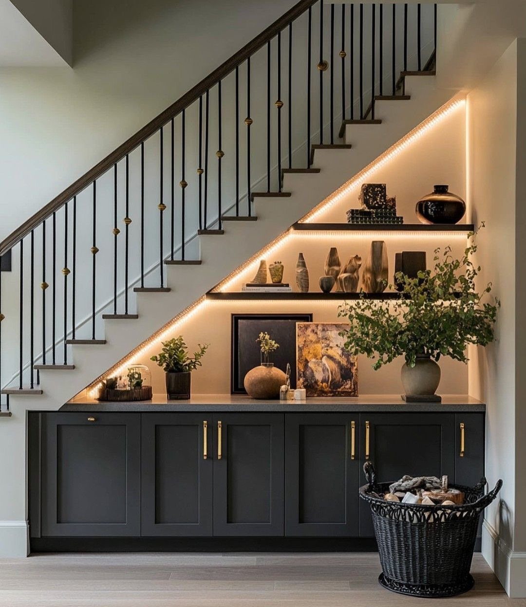Home Stairs Design: 12 Ideas from Glass Treads to Built-In Storage 7 Modern staircase with dark built-in under-stair cabinets and illuminated decorative shelving units.