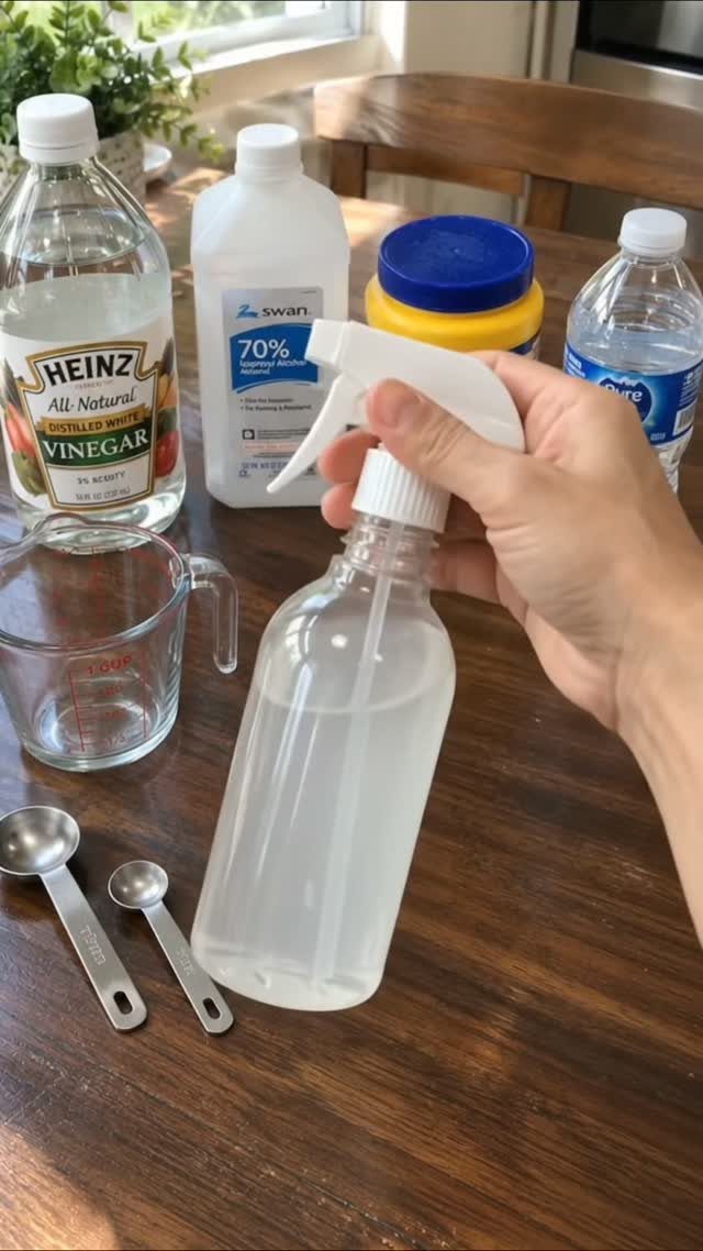 A hand holding a clear spray bottle filled with liquid on a wooden table with cleaning supplies.