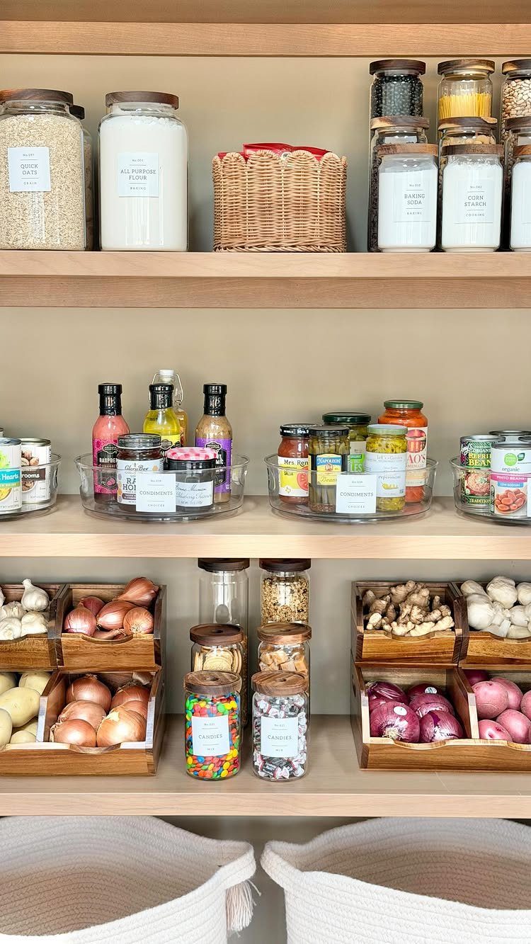 Organized wooden pantry shelves featuring labeled glass jars, clear turntables, and wooden crates filled with vegetables.