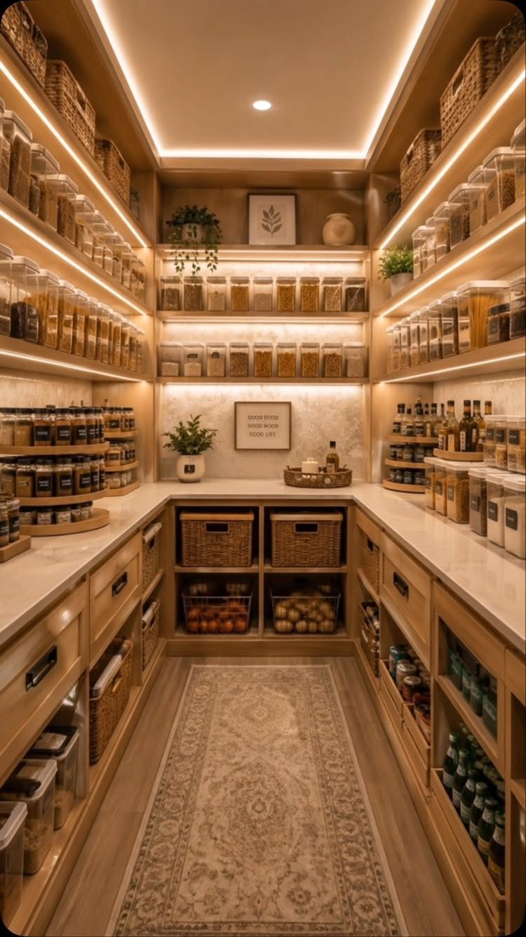 Organized walk-in pantry featuring wooden shelves, glass spice jars, marble countertops, and warm integrated lighting.