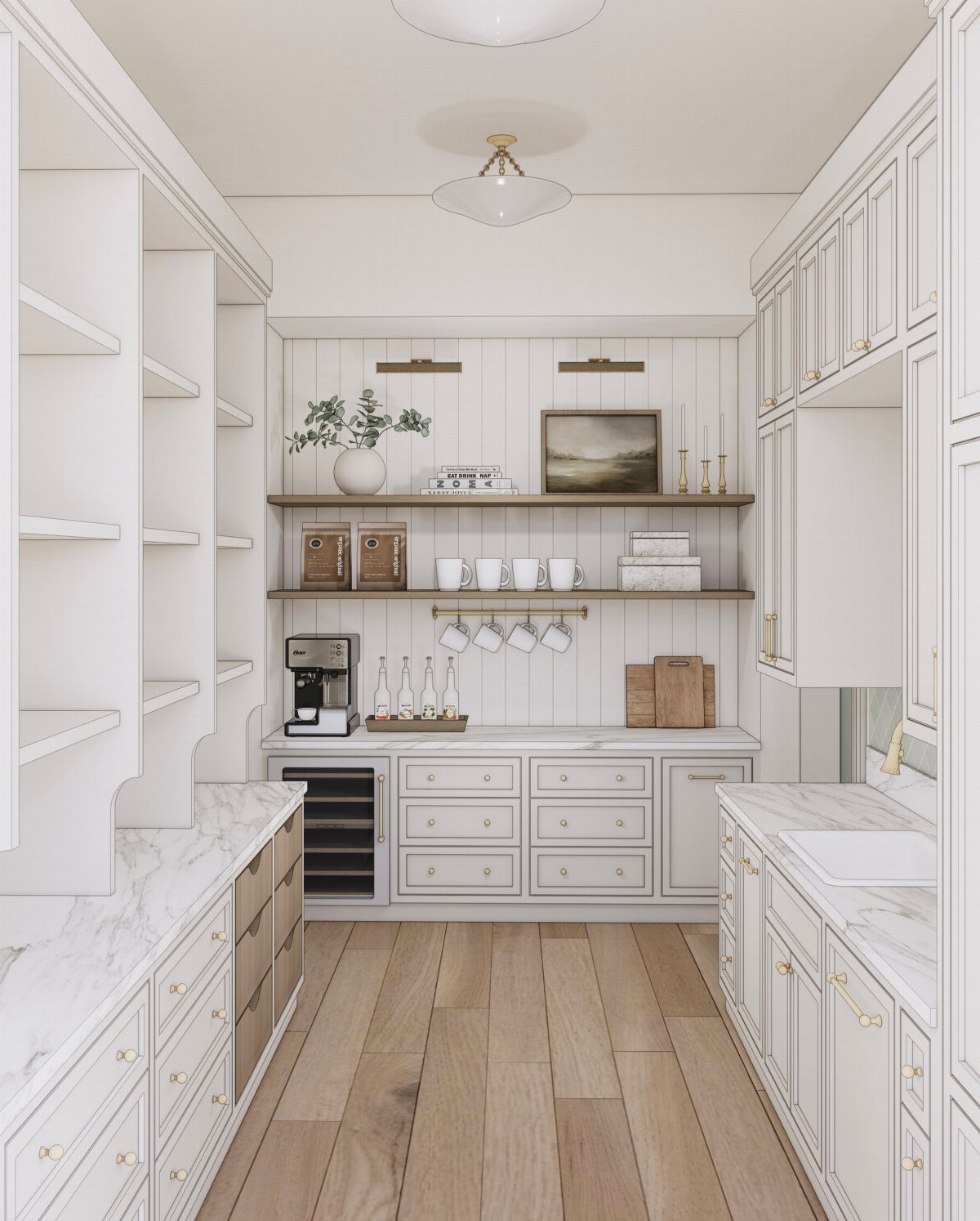 A white pantry featuring a coffee station with a machine, mugs, and marble countertops.