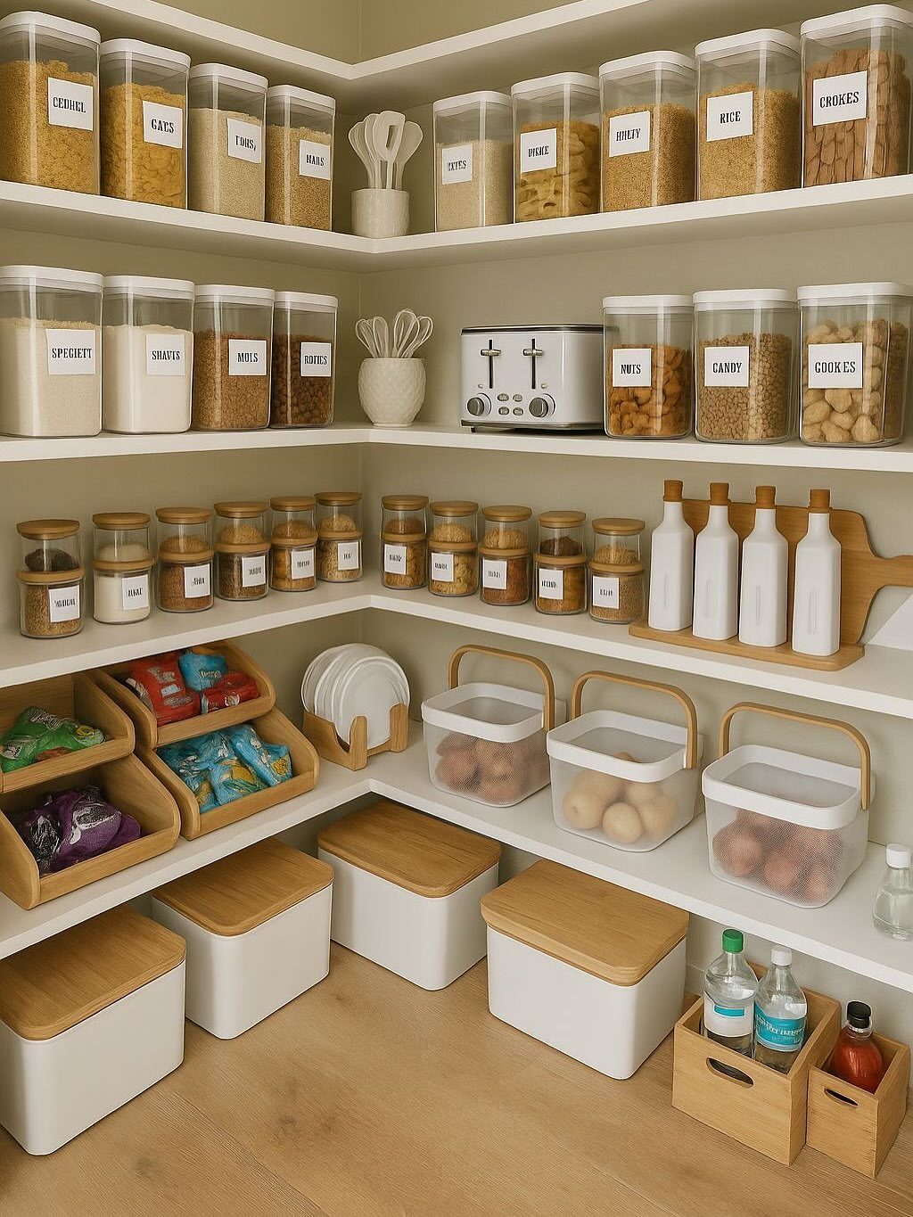 Clear plastic containers filled with various pantry staples arranged neatly on white kitchen shelves.