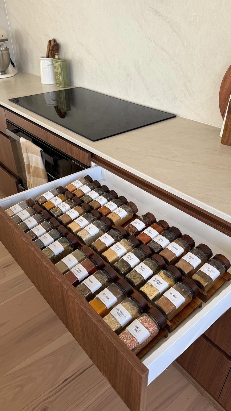 9 Kitchen Tools Organization Ideas for Cabinets, Drawers & Walls 6 A kitchen drawer filled with neatly organized rows of small glass spice jars with white labels.