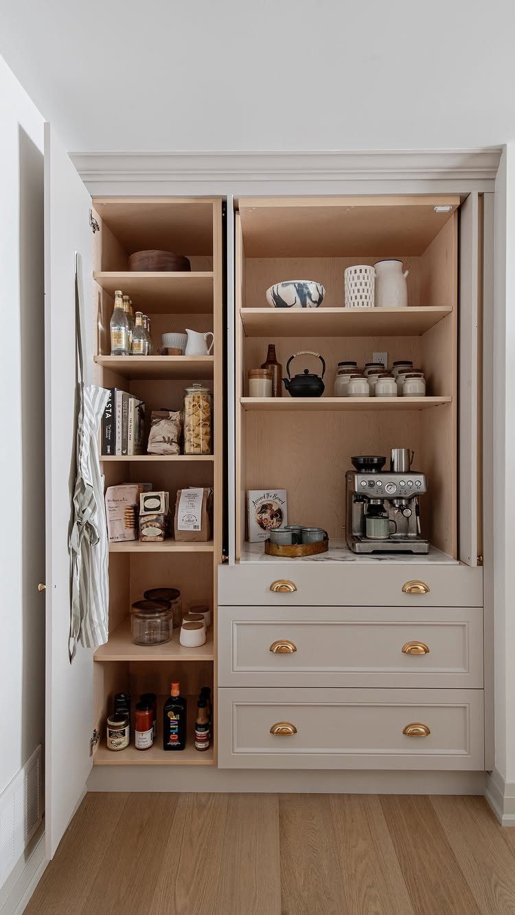 Kitchen with Hidden Pantry: 8 Ideas That Blend Right In 2 Open built-in kitchen cabinetry displaying pantry food items and an espresso machine above drawers.