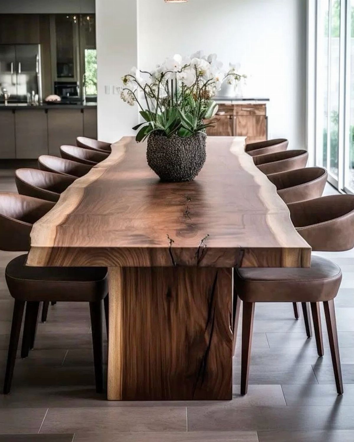A long live-edge wooden dining table surrounded by brown leather chairs in a modern room.
