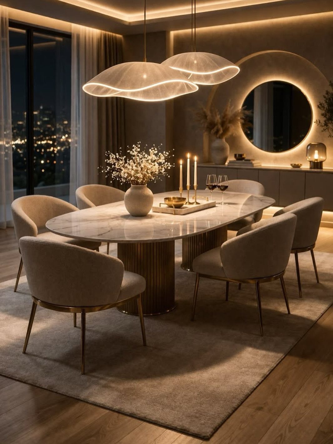 An oval marble dining table with gold accents and beige chairs in a modern dining room.