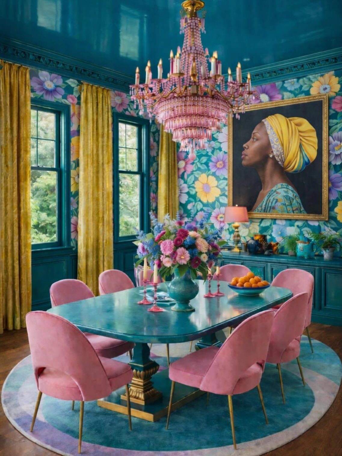 A colorful dining room with teal walls, pink chairs, and a large floral wallpapered accent wall.