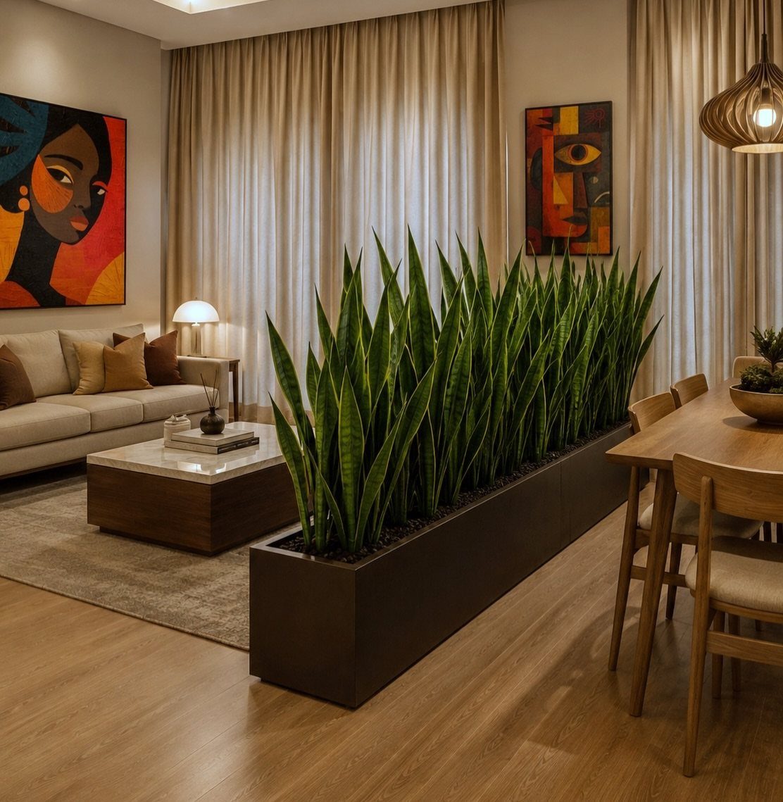 Tall green snake plants in a long dark planter separating a living room and dining area.