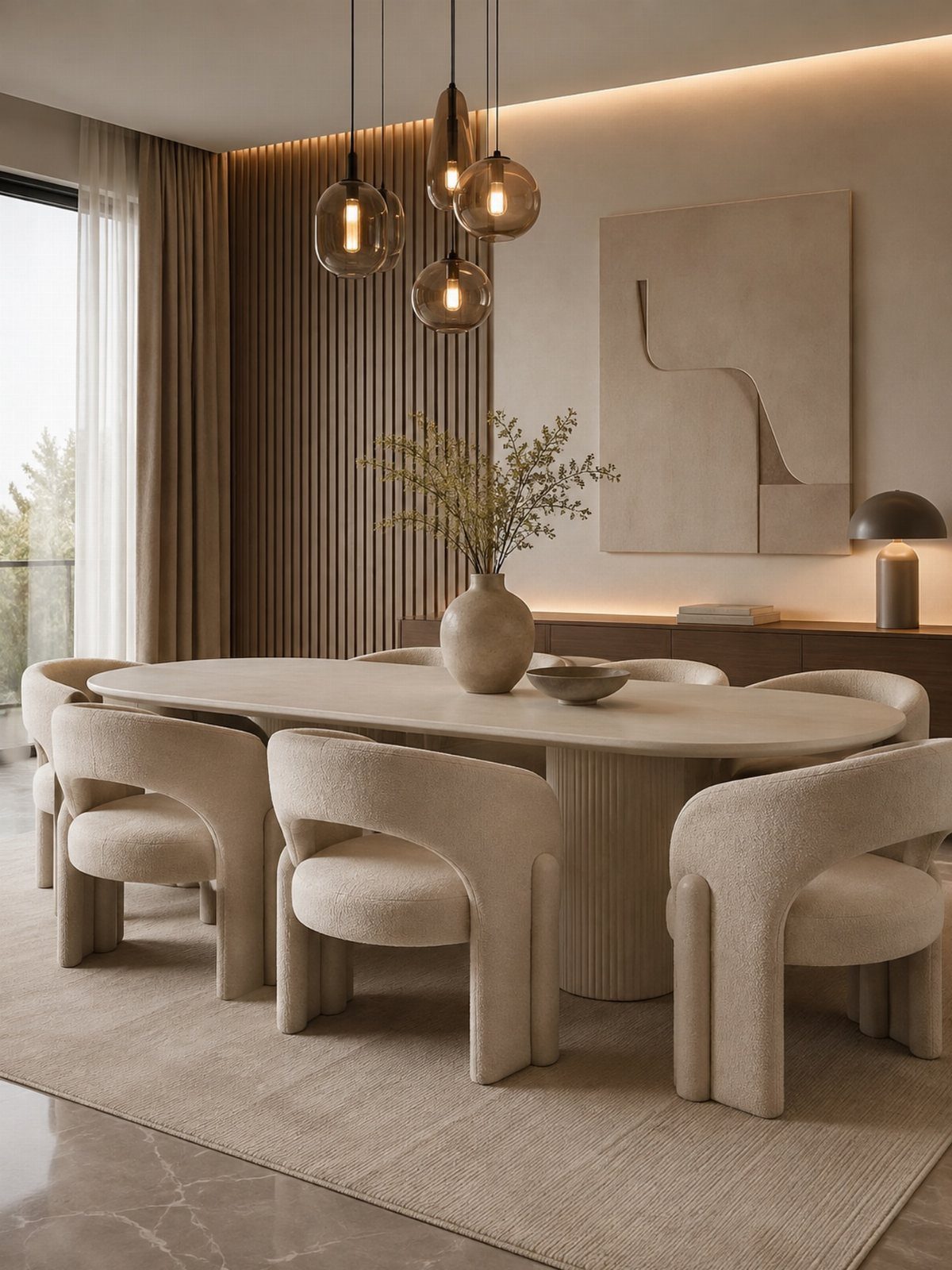 Cream upholstered dining chairs surround an oval stone table in a neutral modern dining room.
