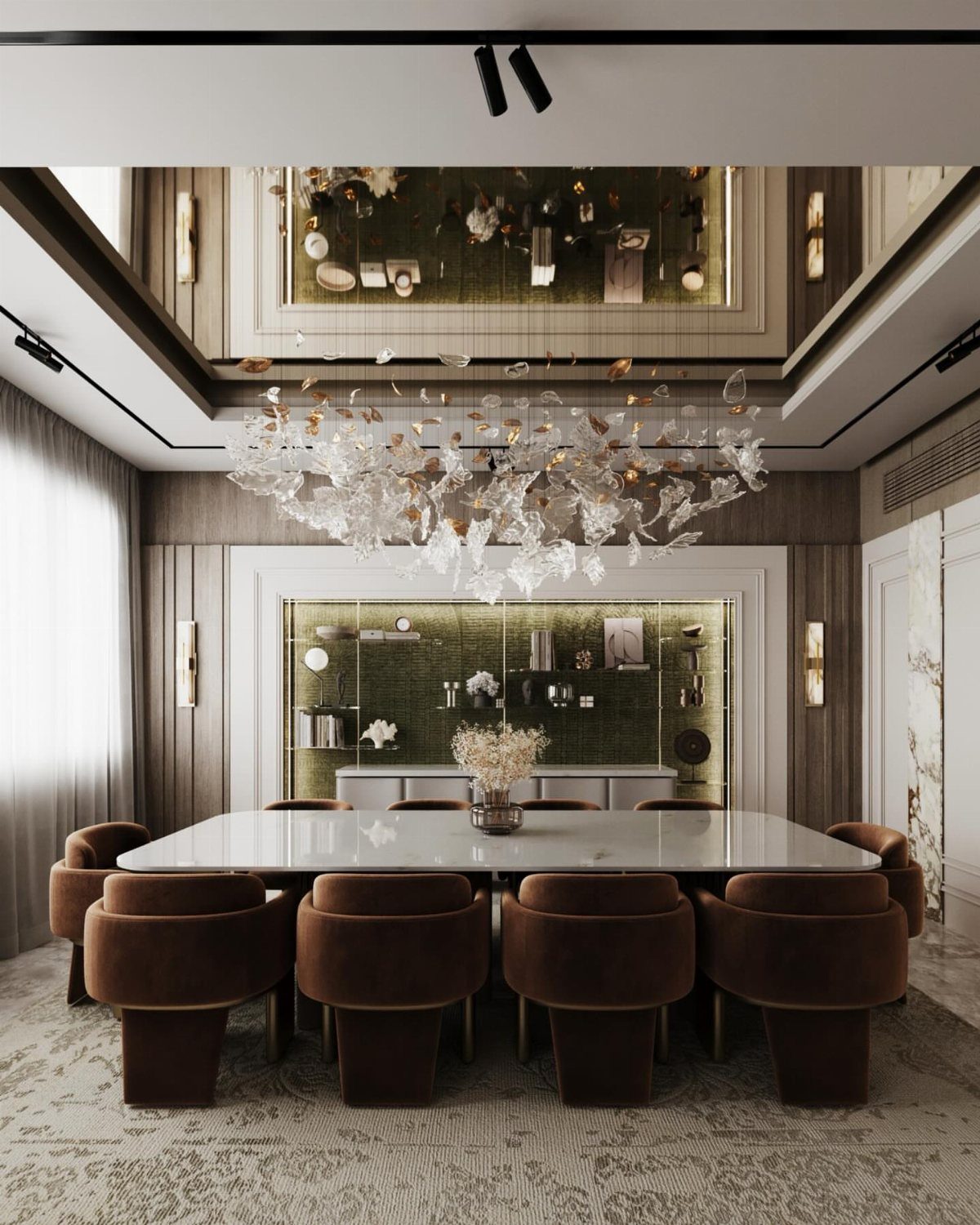 A modern dining room with a large glass chandelier, marble table, and velvet chairs.
