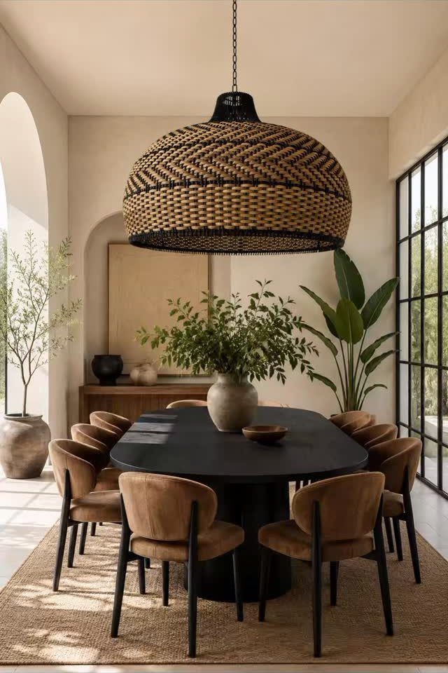 A black oval dining table surrounded by tan chairs under a large woven pendant light.