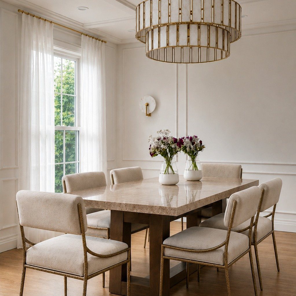 Dining room with a marble table, fabric chairs with metal frames, and a large gold pendant light.