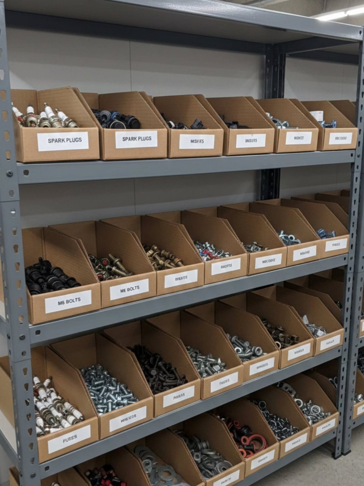 14 Shed Organization Ideas for a Tidy, Functional Space 11 Cardboard bins filled with various hardware items organized on metal industrial shelving units.