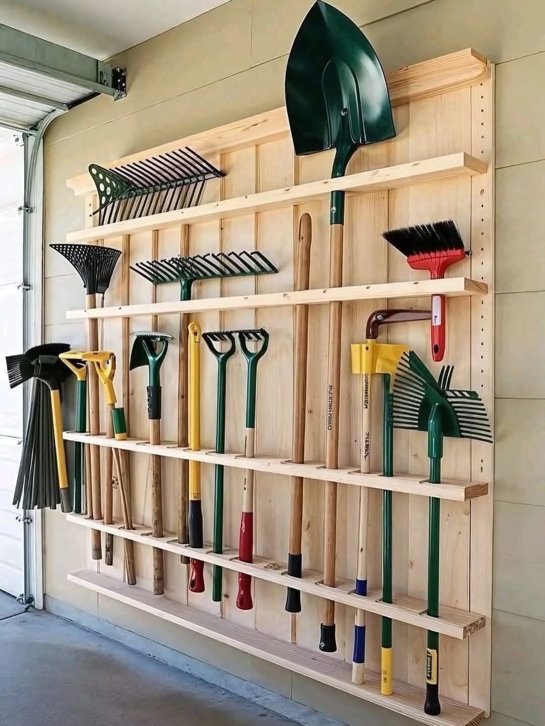 14 Shed Organization Ideas for a Tidy, Functional Space 9 Garden tools hanging organized on a wooden wall-mounted storage rack inside a garage.