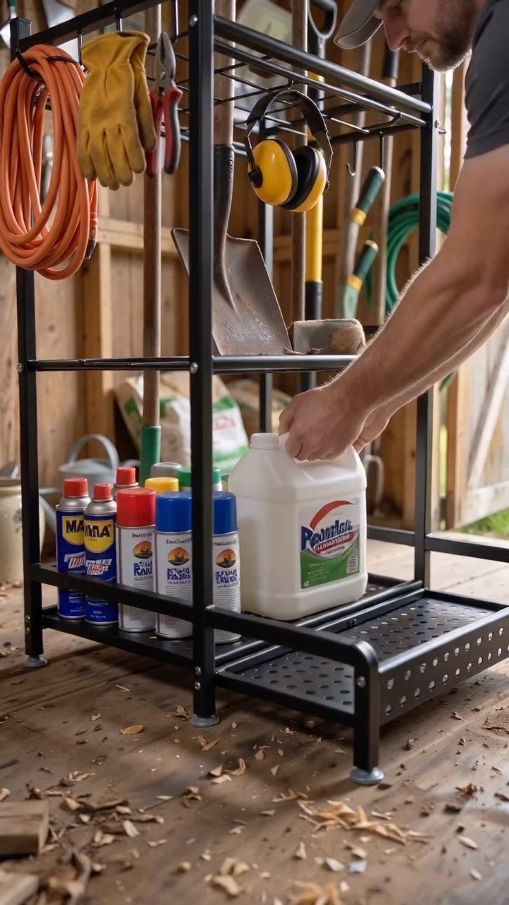 14 Shed Organization Ideas for a Tidy, Functional Space 14 A man organizing various tools and cleaning supplies on a black metal storage shelf in a shed.