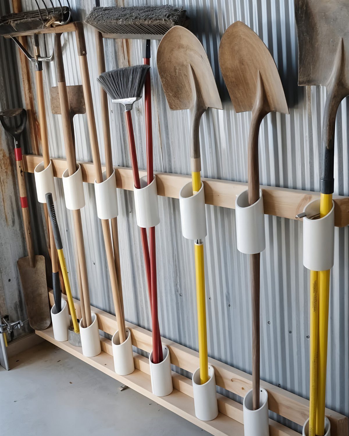 14 Shed Organization Ideas for a Tidy, Functional Space 7 Garden tools stored vertically in white PVC pipe holders mounted on a wooden wall rack.