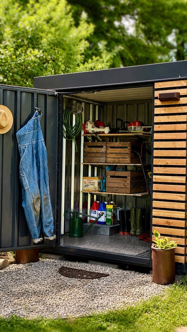 14 Shed Organization Ideas for a Tidy, Functional Space 12 An open black garden shed containing wooden crates, garden tools, and hanging blue overalls.