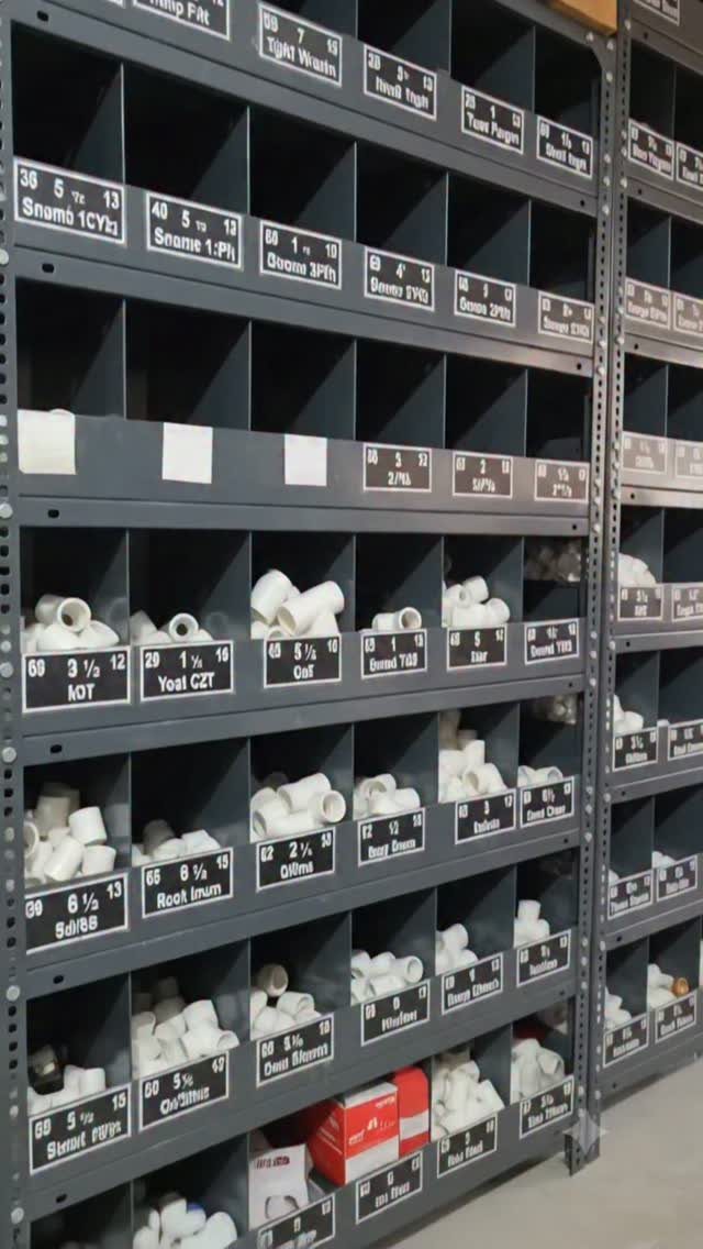 13 Shop Tool Storage Ideas for Pegboard, Carts and Cabinets 11 Grey storage cubbies filled with various white PVC pipe fittings and labeled with identification tags.
