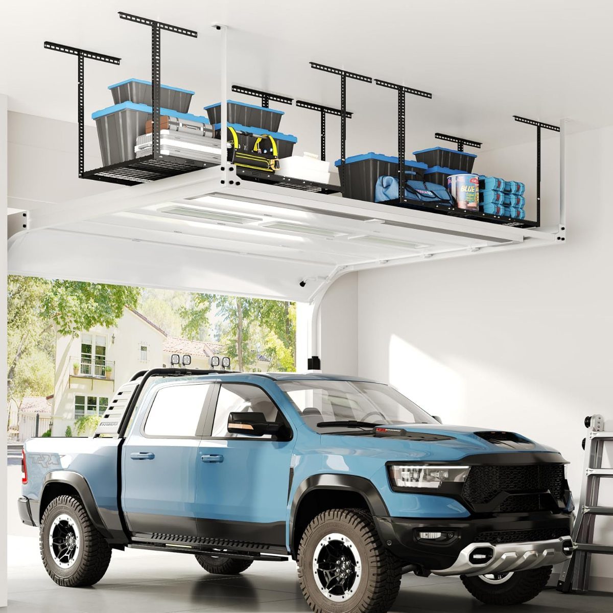 13 Shop Tool Storage Ideas for Pegboard, Carts and Cabinets 7 Black metal overhead storage racks holding blue plastic bins mounted to a garage ceiling above a truck.