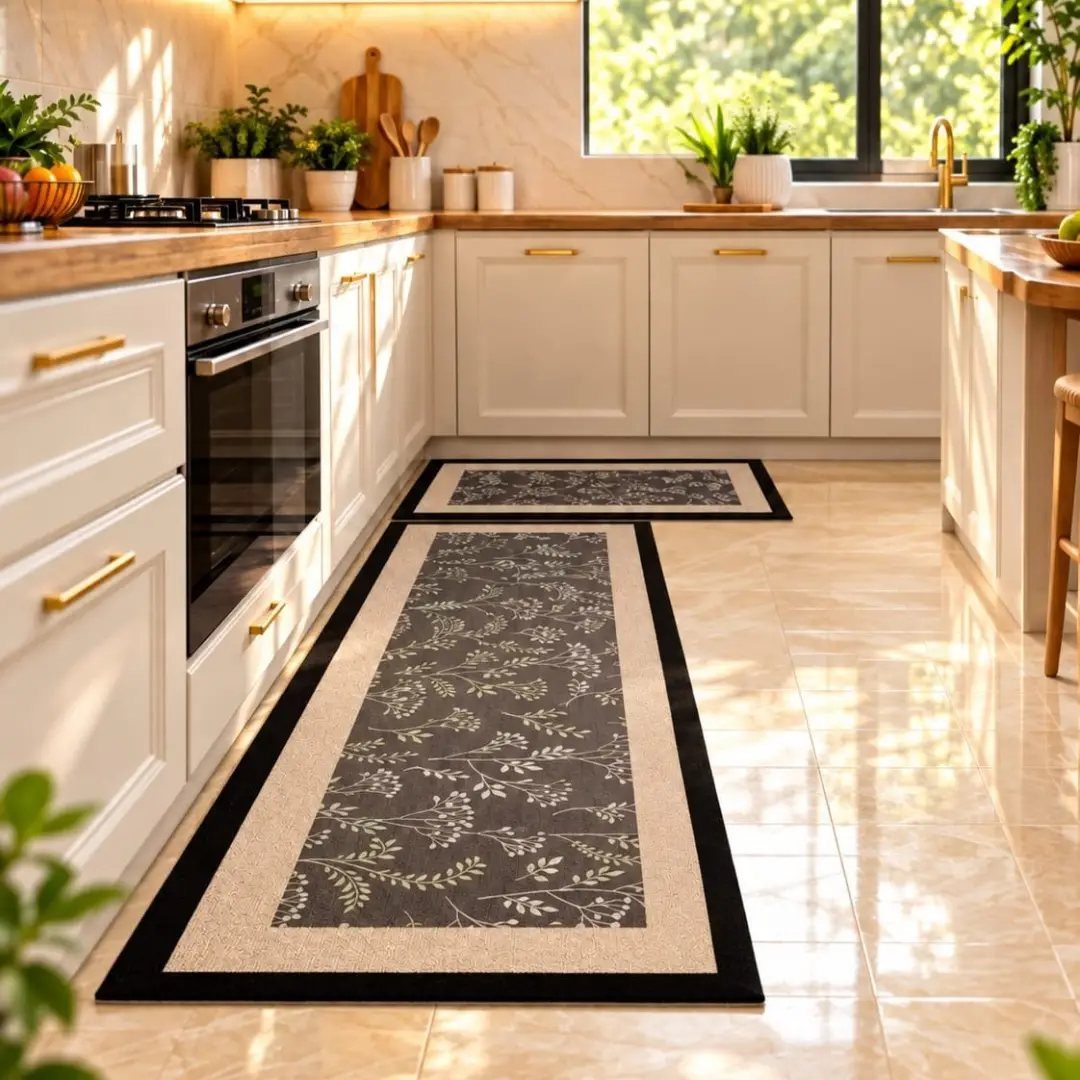 18 Small Kitchen Remodel Ideas to Open Up Your Space 14 Two long decorative kitchen rugs with dark floral patterns laid on a light tiled floor.