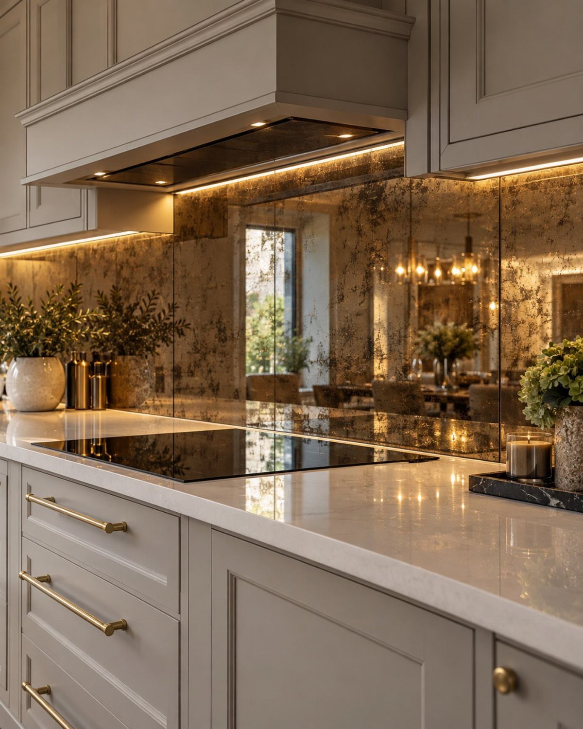 18 Small Kitchen Remodel Ideas to Open Up Your Space 10 Antiqued mirrored backsplash reflecting a dining room in a modern kitchen with grey cabinets.