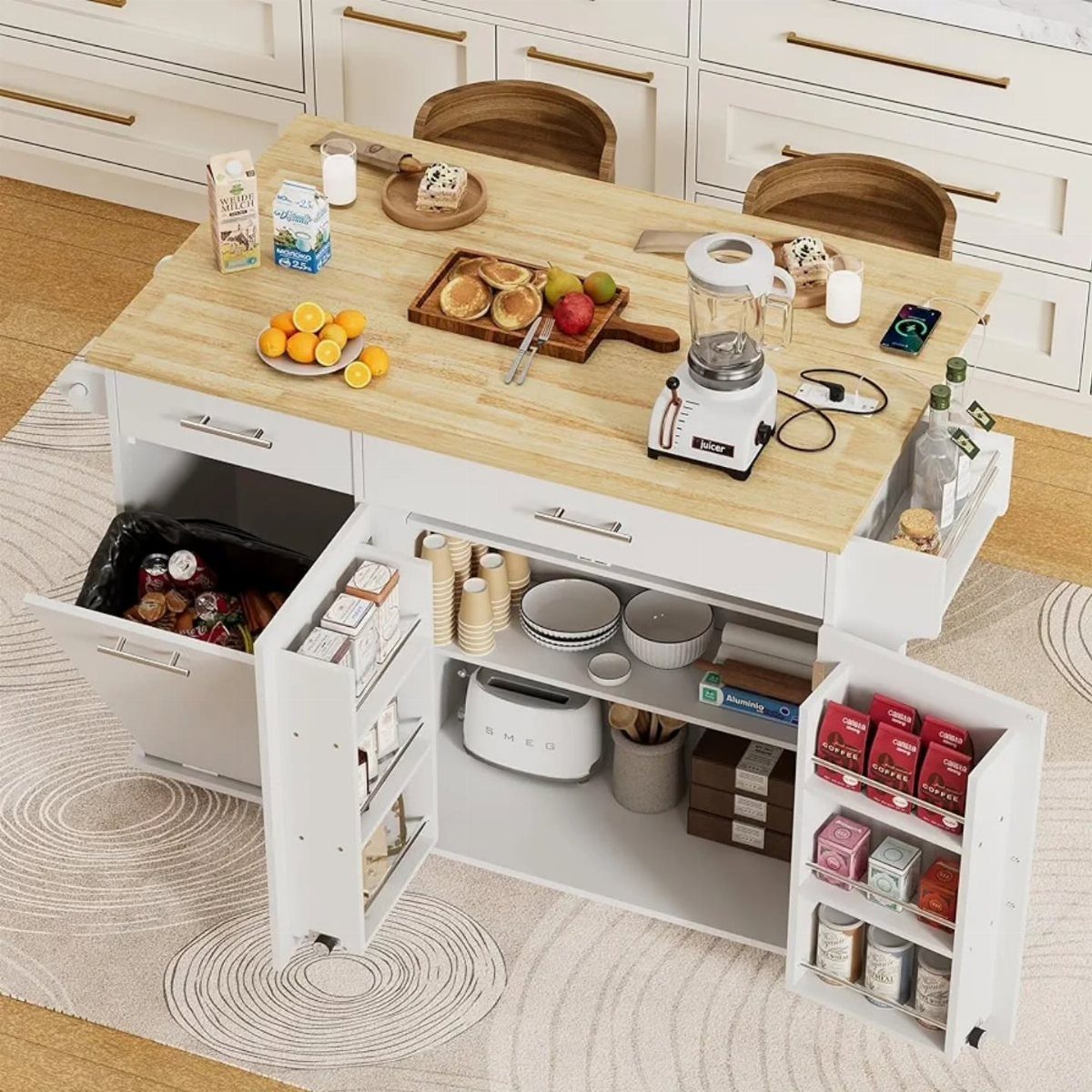 18 Small Kitchen Remodel Ideas to Open Up Your Space 9 A white kitchen island cart with a wooden top and various storage compartments.