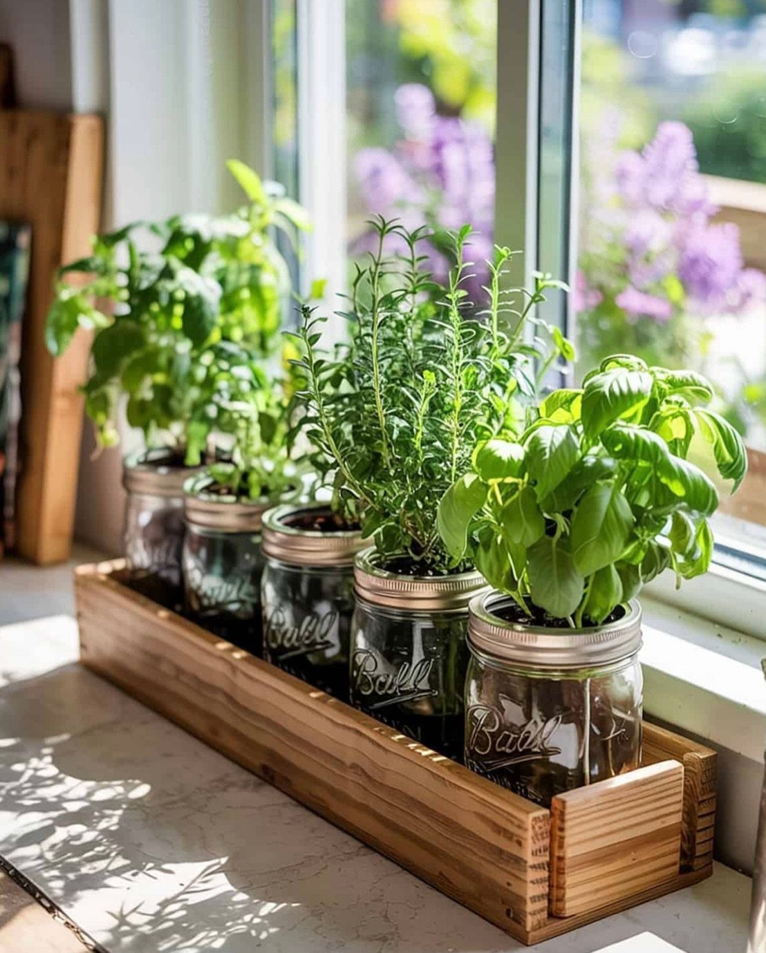 18 Small Kitchen Remodel Ideas to Open Up Your Space 17 Green herbs in glass mason jars sitting in a wooden planter on a sunny windowsill.