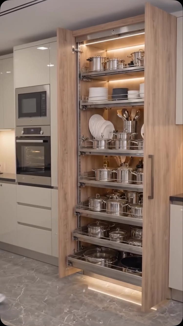 18 Small Kitchen Remodel Ideas to Open Up Your Space 4 An open tall wooden pantry cabinet with illuminated pull-out shelves filled with cookware.