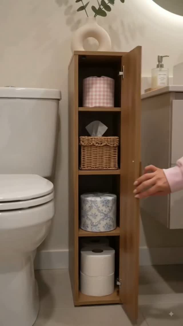 12 Storage Ideas for Small Homes to Add Extra Space Fast 7 A narrow wooden storage cabinet filled with bathroom essentials stands next to a white toilet.