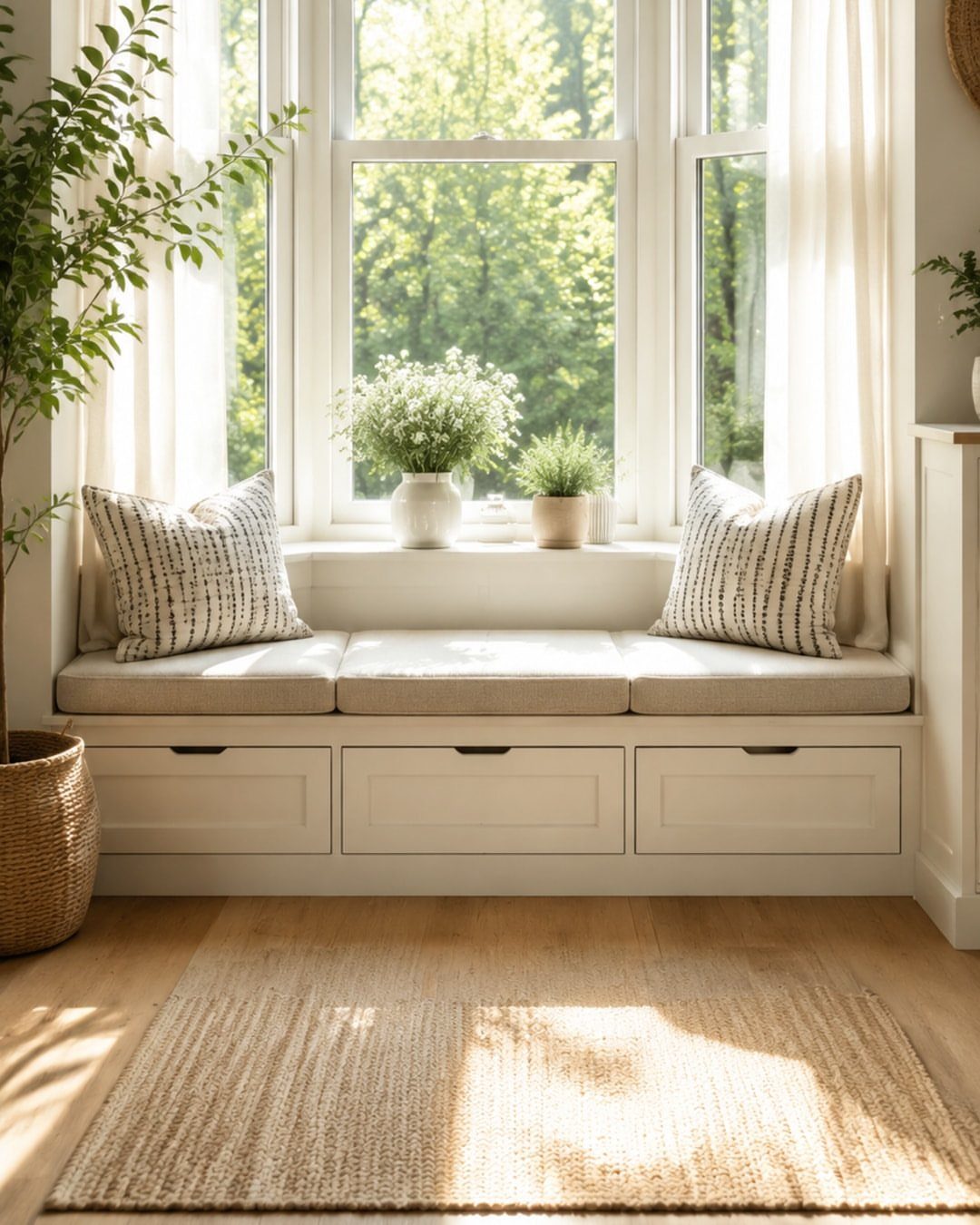 12 Storage Ideas for Small Homes to Add Extra Space Fast 4 Built-in window seat with large white storage drawers underneath a bright window.