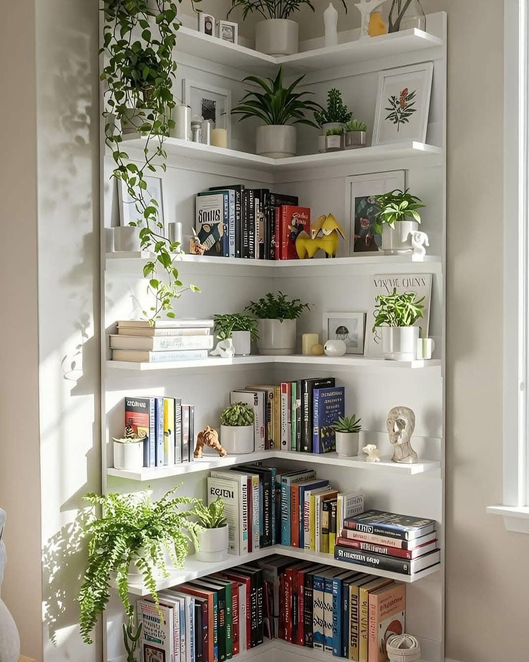 12 Storage Ideas for Small Homes to Add Extra Space Fast 9 White corner shelves displaying books, green potted plants, and small decorative items in a bright room.