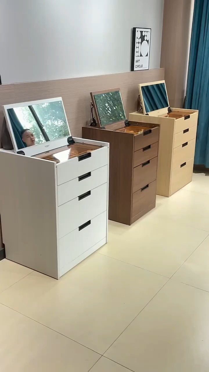 12 Storage Ideas for Small Homes to Add Extra Space Fast 13 Three slim storage chests with open top compartments and attached mirrors in different colors.