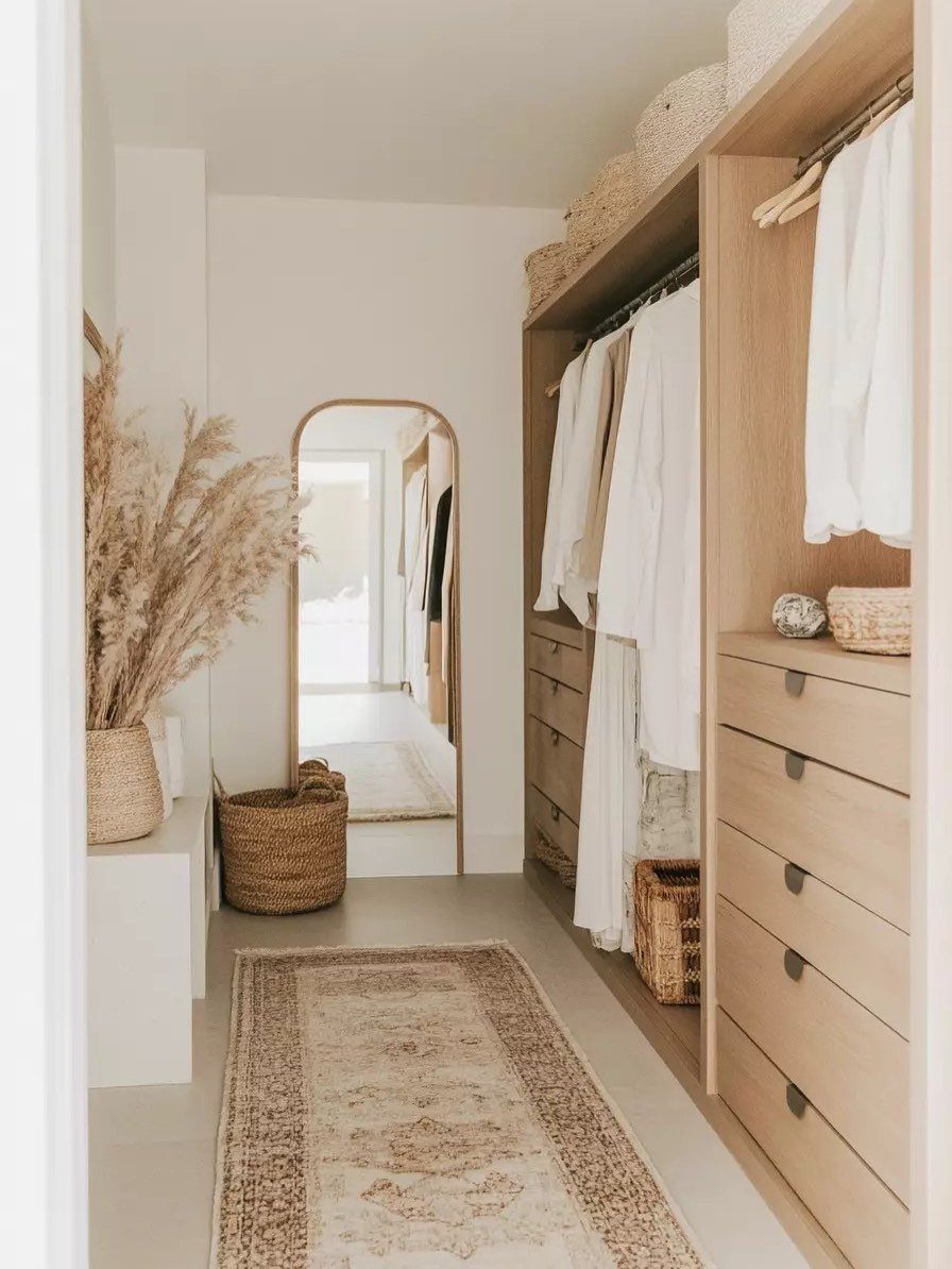Walk in Closet Storage: 9 Ideas That Work in Real Homes 7 Arched full-length mirror standing in a bright, modern walk-in closet with wooden storage units.