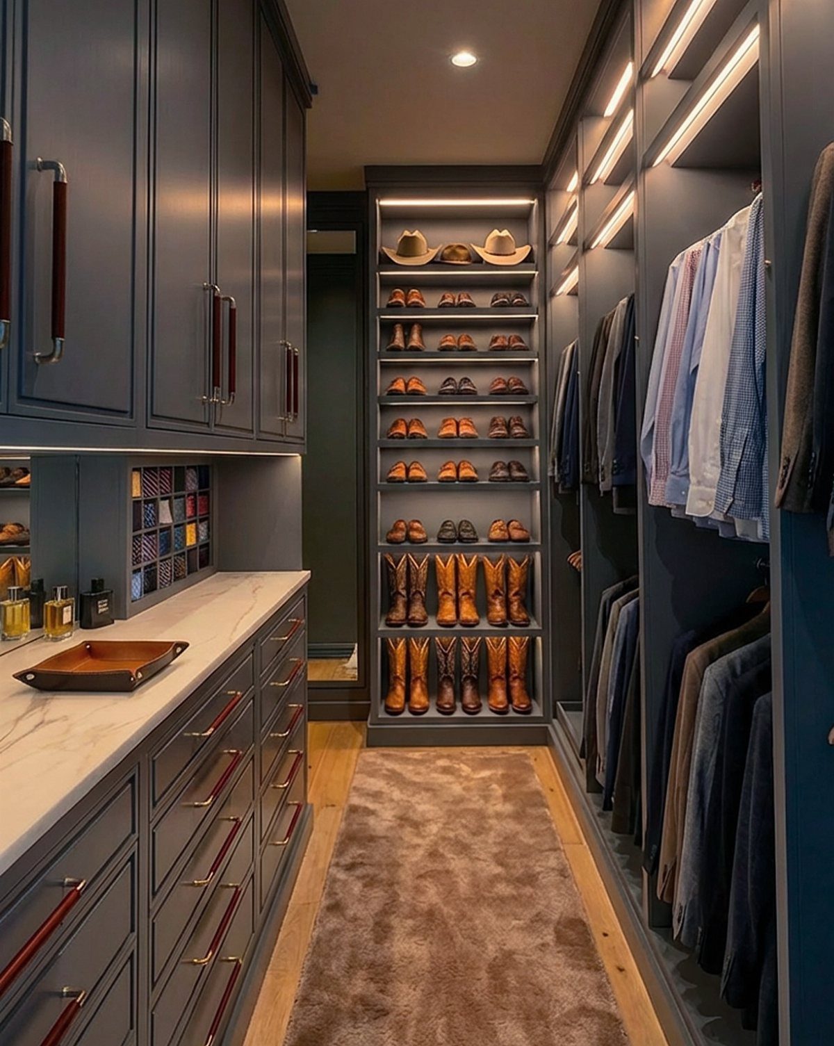 Walk in Closet Storage: 9 Ideas That Work in Real Homes 6 A luxury walk-in closet featuring blue cabinetry, marble counters, and illuminated shelves filled with shoes and hats.