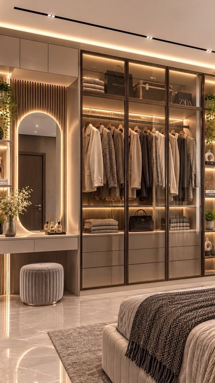 14 Wardrobe Interior Design Ideas for Every Bedroom 4 Modern glass-door wardrobe with integrated LED lighting and a built-in dressing table area.