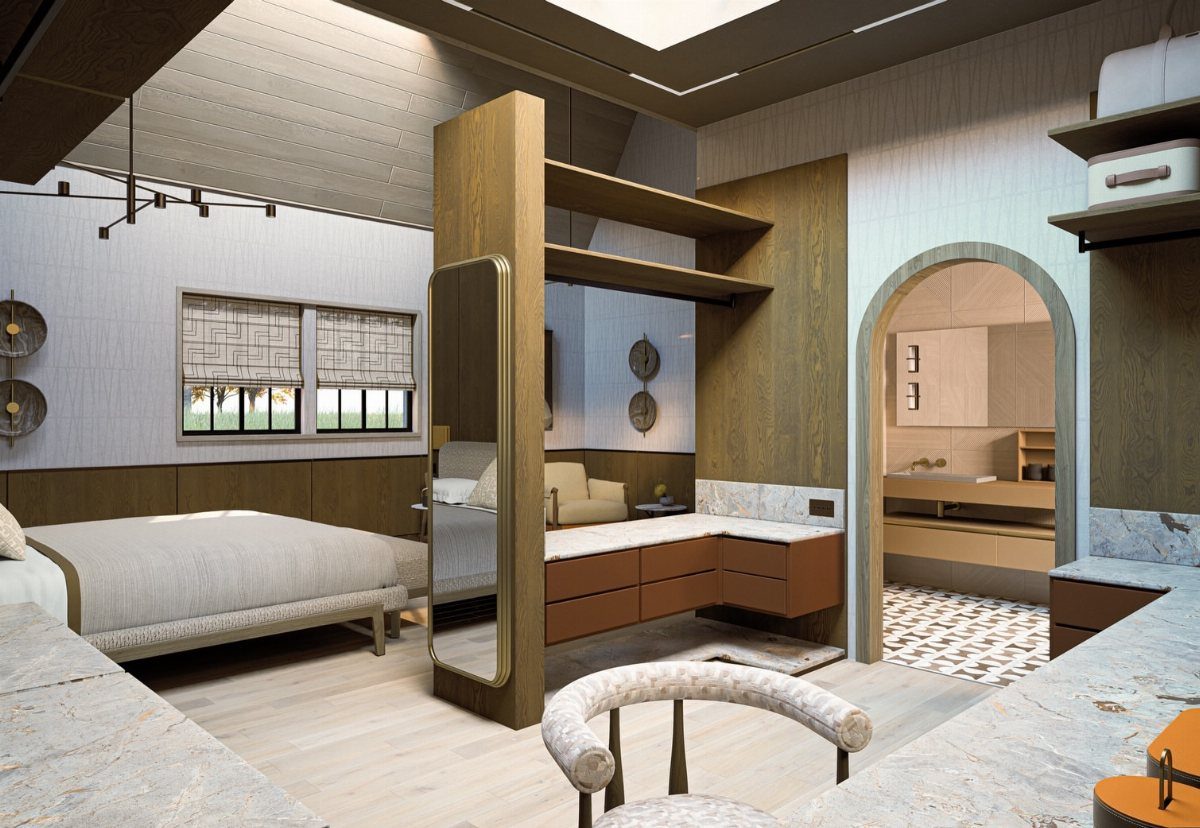 14 Wardrobe Interior Design Ideas for Every Bedroom 6 A modern bedroom featuring a wooden room divider with a large vertical mirror embedded in it.