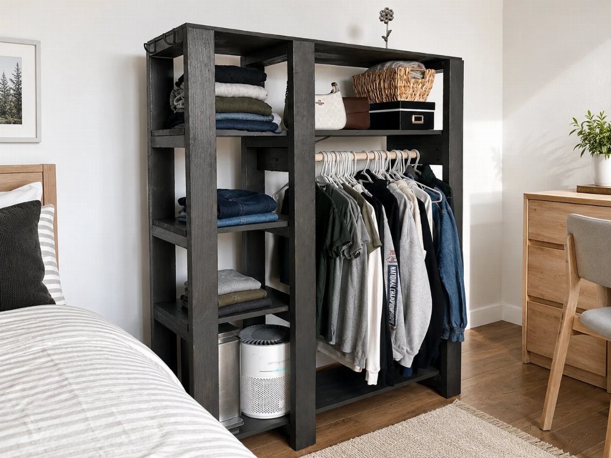 14 Wardrobe Interior Design Ideas for Every Bedroom 9 Dark wood open wardrobe unit with shelves of folded clothes and hanging garments.