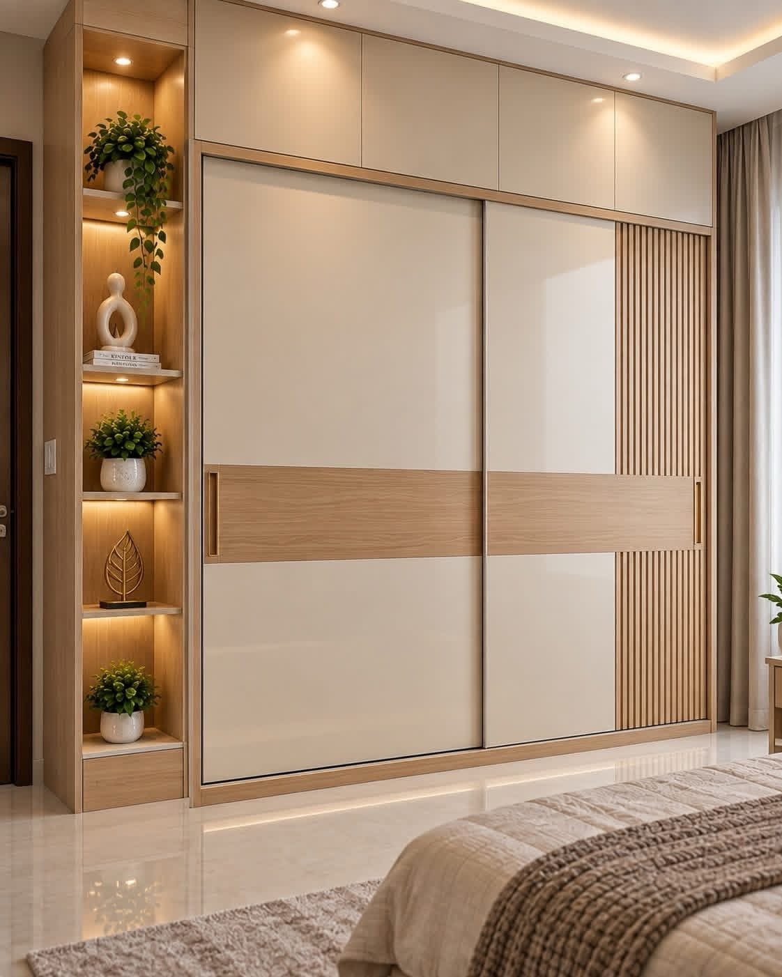 14 Wardrobe Interior Design Ideas for Every Bedroom 2 Modern cream sliding door wardrobe with integrated wooden accents and lit shelving units.