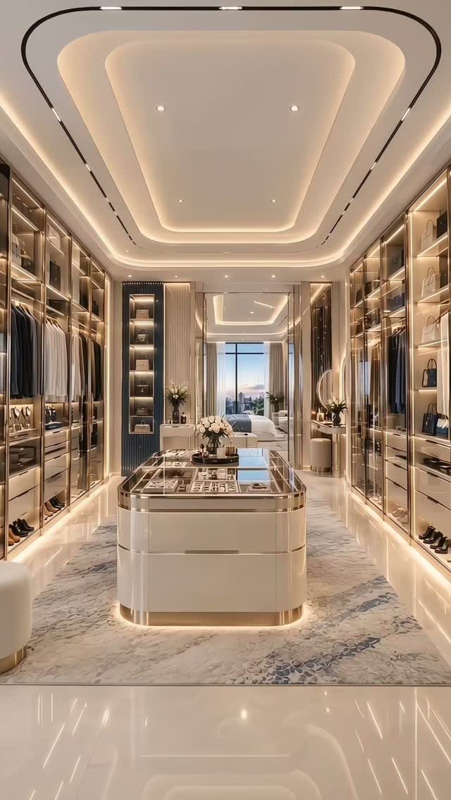 14 Wardrobe Interior Design Ideas for Every Bedroom 3 A luxurious walk-in wardrobe with illuminated glass shelving and a central jewelry island.