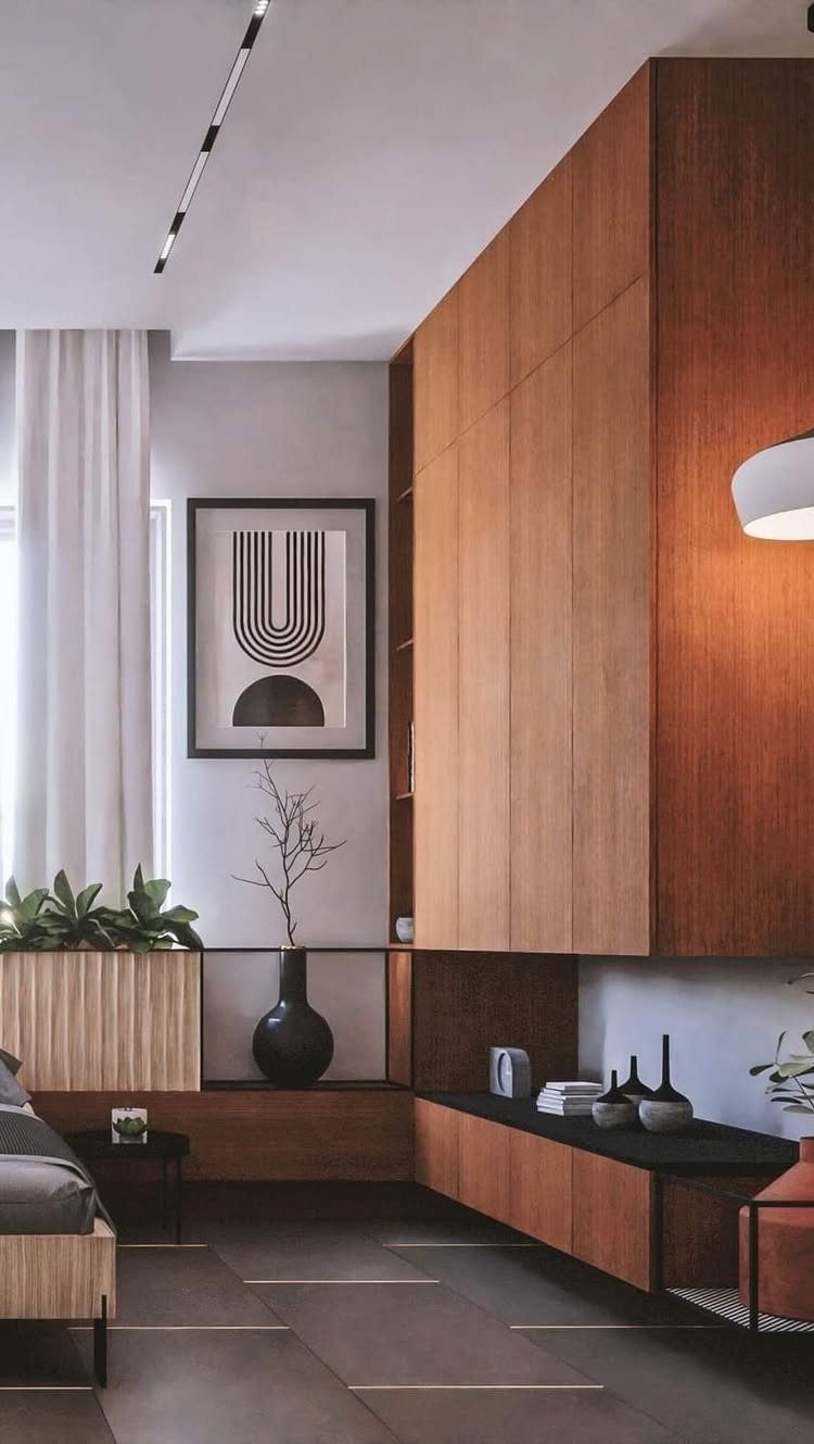 14 Wardrobe Interior Design Ideas for Every Bedroom 14 Wooden wall-mounted storage cabinets above a low floating sideboard in a minimalist room.